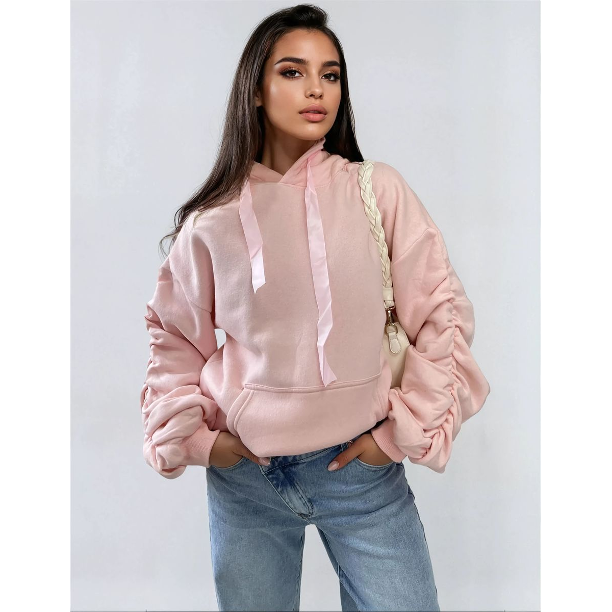 Ruched Sleeve Oversized Hoodie with Front Pouch Pocket