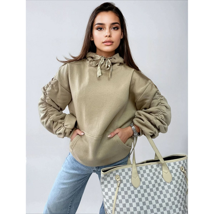 Ruched Sleeve Oversized Hoodie with Front Pouch Pocket