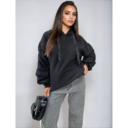Ruched Sleeve Oversized Hoodie with Front Pouch Pocket