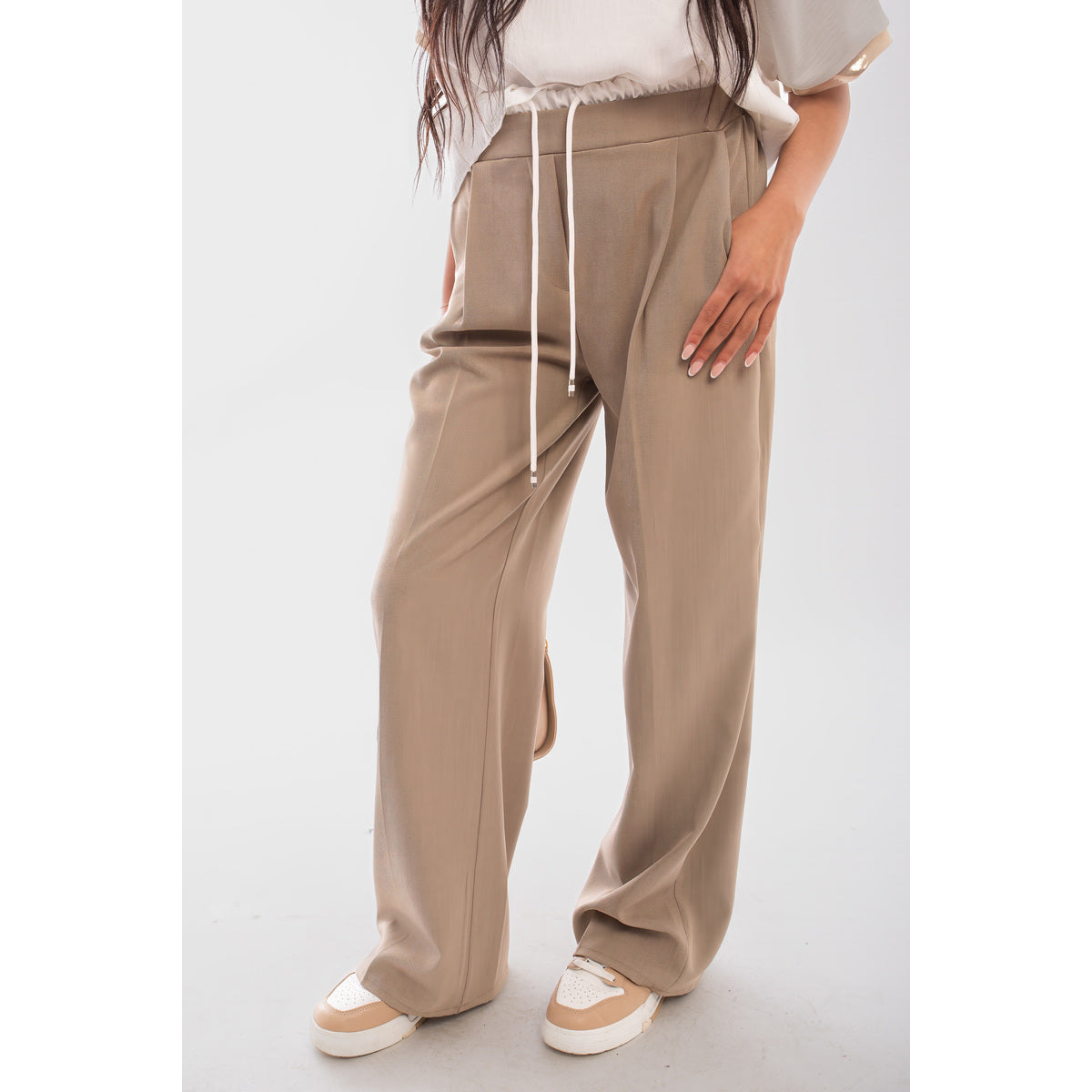 Double Waist Band Drawstring Wide Leg Trousers