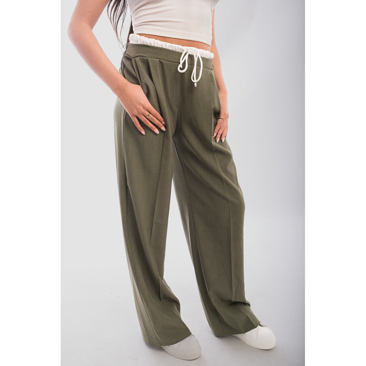 Double Waist Band Drawstring Wide Leg Trousers