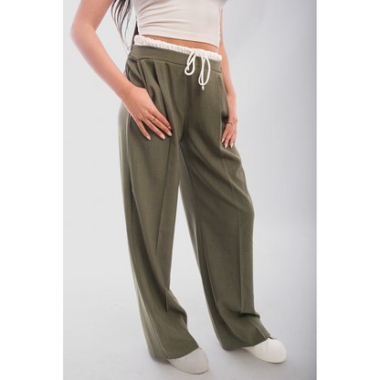 Double Waist Band Drawstring Wide Leg Trousers