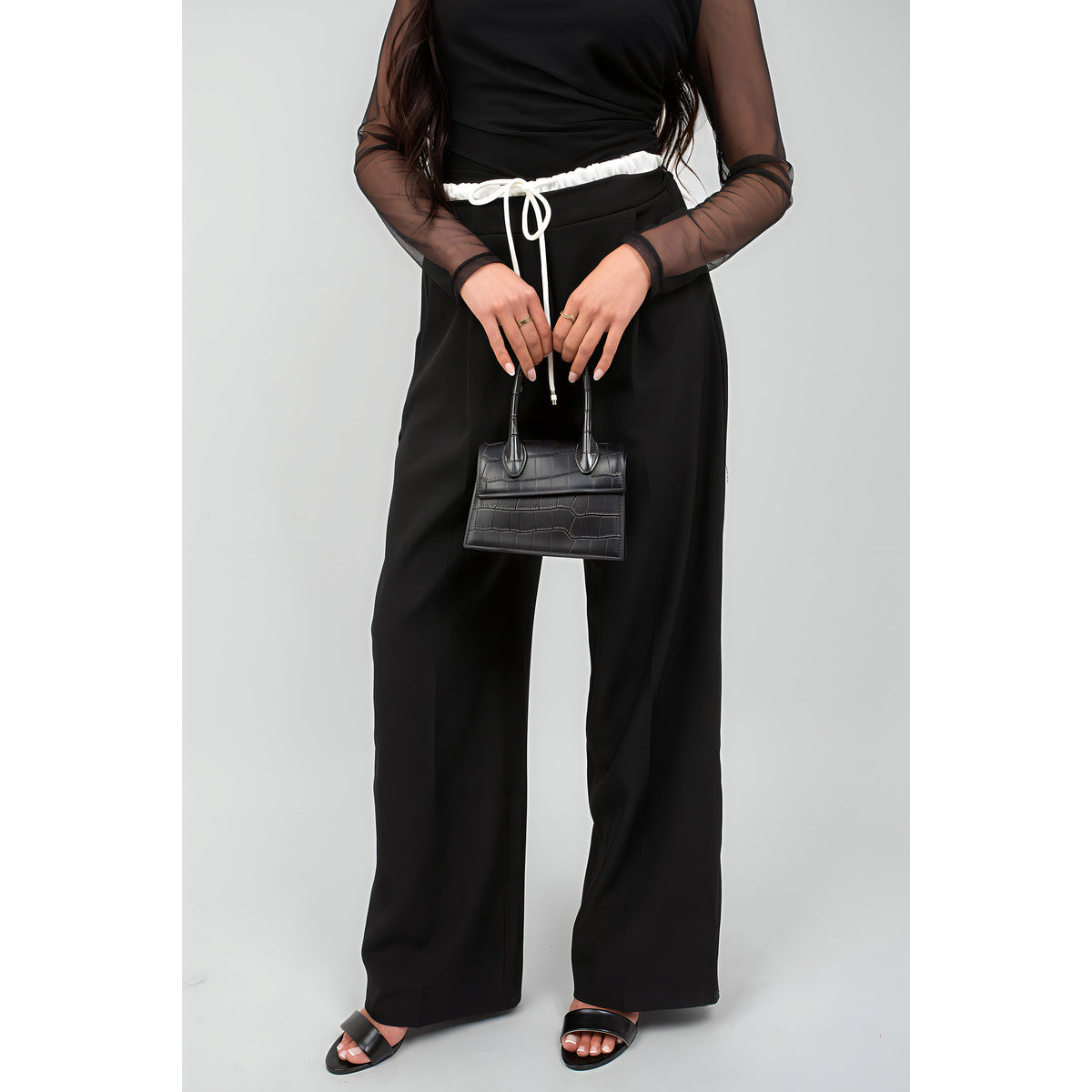 Double Waist Band Drawstring Wide Leg Trousers