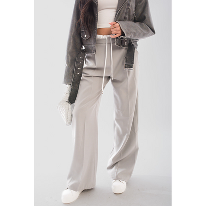 Double Waist Band Drawstring Wide Leg Trousers