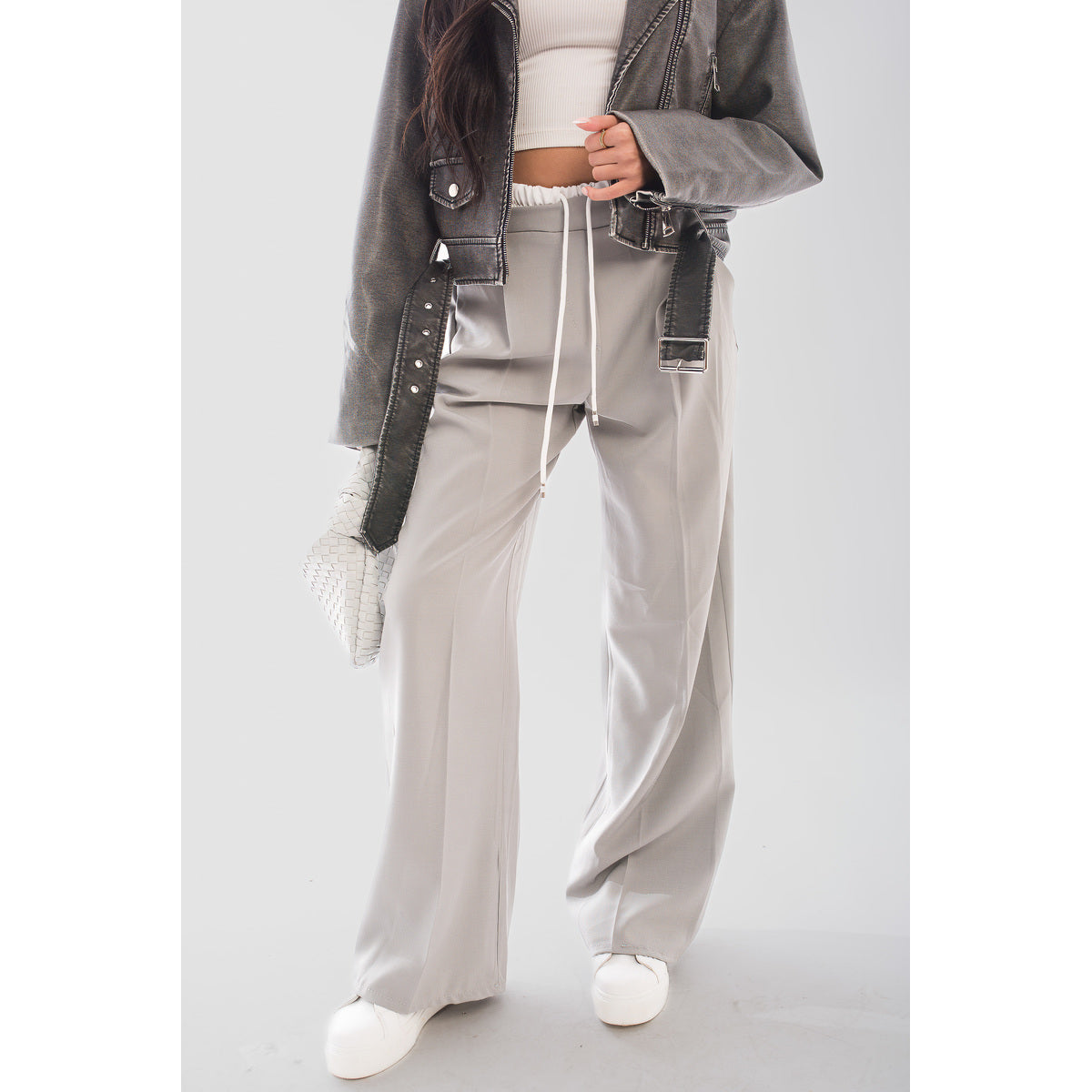 Double Waist Band Drawstring Wide Leg Trousers