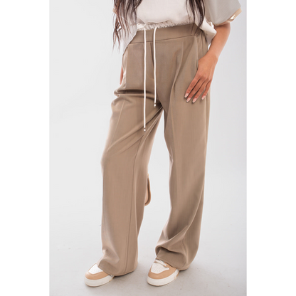 Double Waist Band Drawstring Wide Leg Trousers