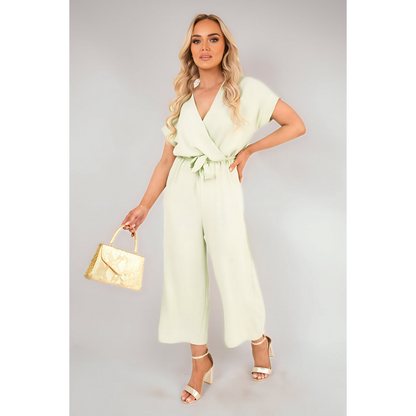 Wrap Short Sleeve Wide Leg Jumpsuit with Tie Waist
