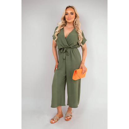 Wrap Short Sleeve Wide Leg Jumpsuit with Tie Waist