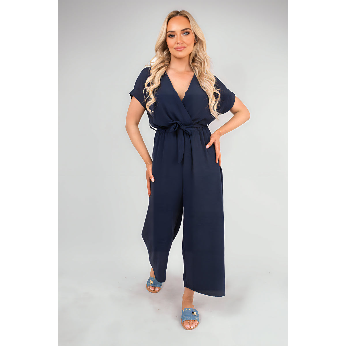 Wrap Short Sleeve Wide Leg Jumpsuit with Tie Waist