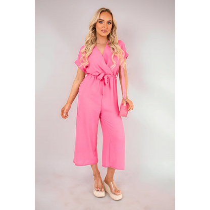 Wrap Short Sleeve Wide Leg Jumpsuit with Tie Waist