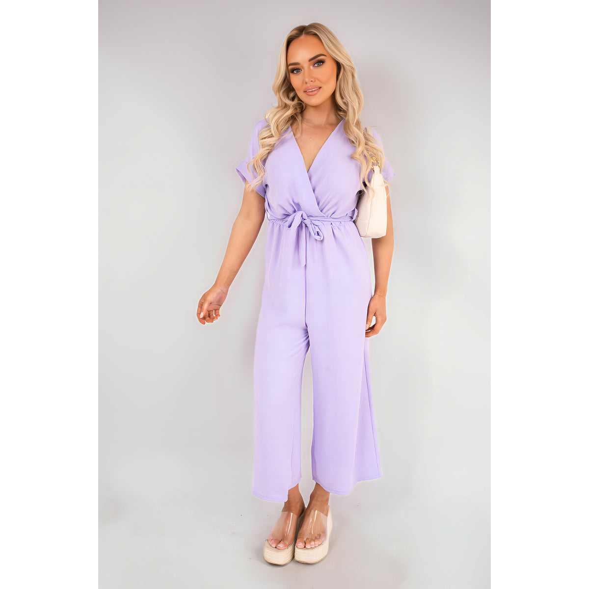 Wrap Short Sleeve Wide Leg Jumpsuit with Tie Waist