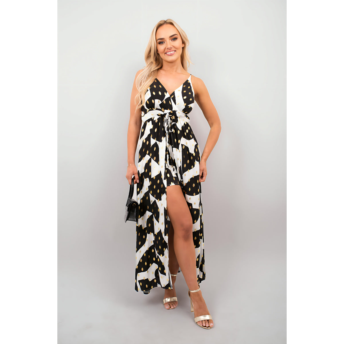 Printed V-Neck Sleeveless Romper Midi Dress