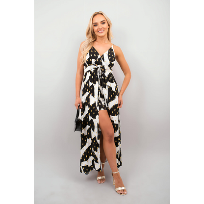 Printed V-Neck Sleeveless Romper Midi Dress