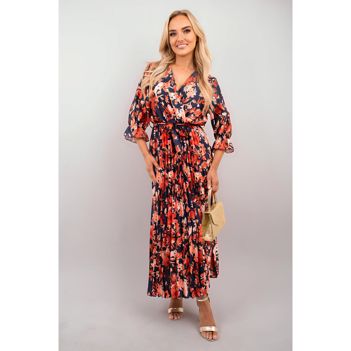 Floral Printed Long Sleeve Pleated Midi Dress