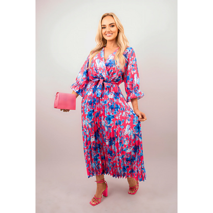 Floral Printed Long Sleeve Pleated Midi Dress
