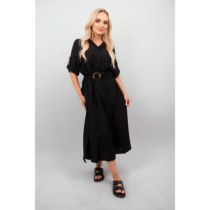 Belted Button Down Roll Tab Sleeve Midi Dress