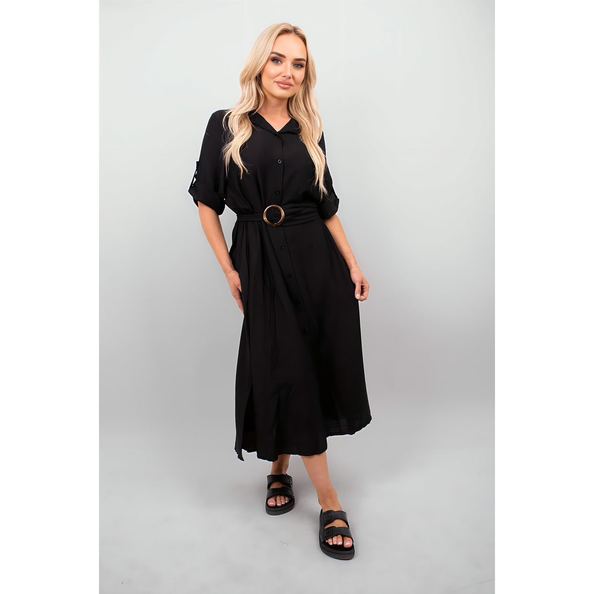 Belted Button Down Roll Tab Sleeve Midi Dress