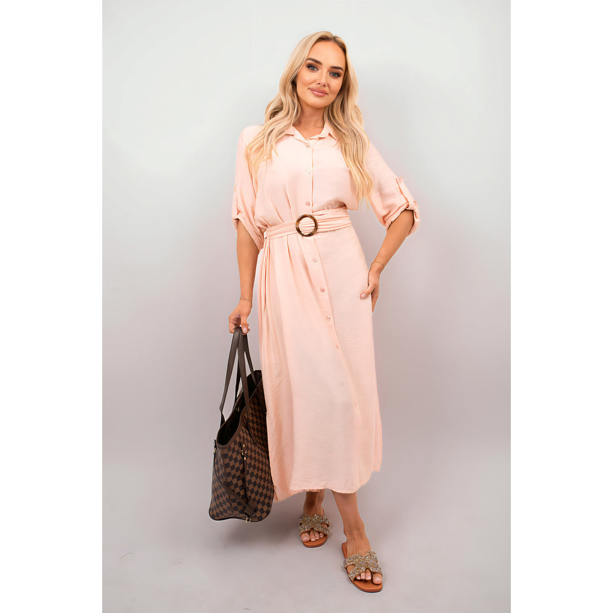Belted Button Down Roll Tab Sleeve Midi Dress