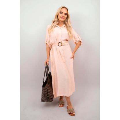 Belted Button Down Roll Tab Sleeve Midi Dress