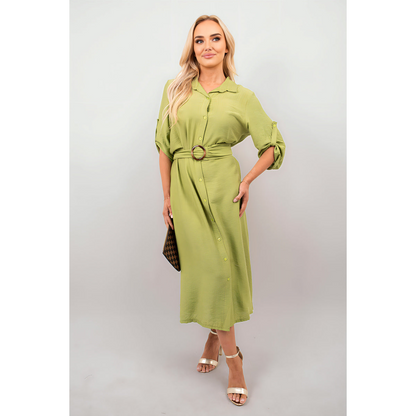 Belted Button Down Roll Tab Sleeve Midi Dress