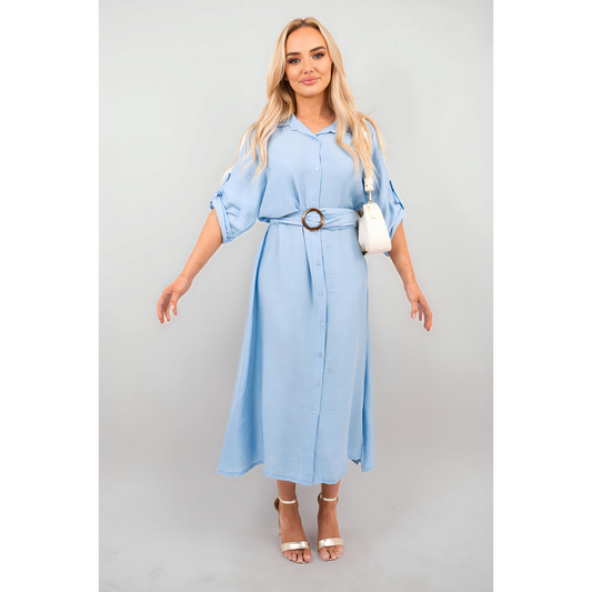 Belted Button Down Roll Tab Sleeve Midi Dress