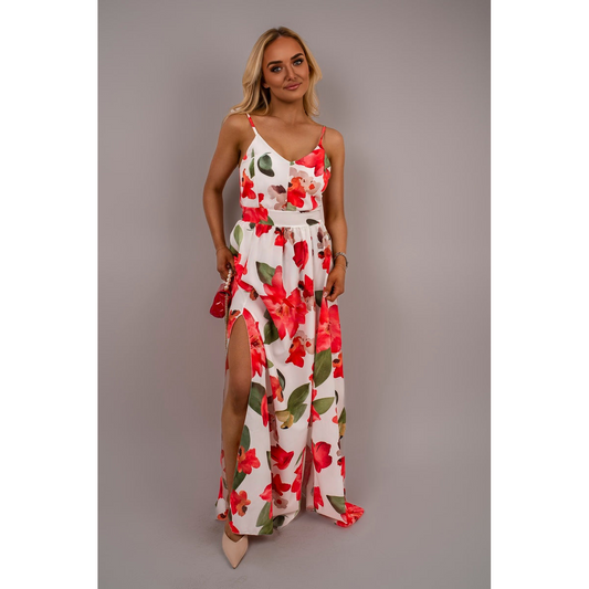 V Neck Spaghetti Strap Maxi Dress with Floral Print