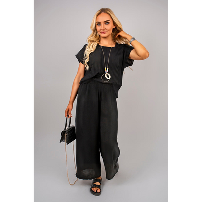 Ribbed Short Sleeve Top and Wide Leg Trouser Co-ord Set