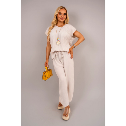 Ribbed Short Sleeve Top and Wide Leg Trouser Co-ord Set