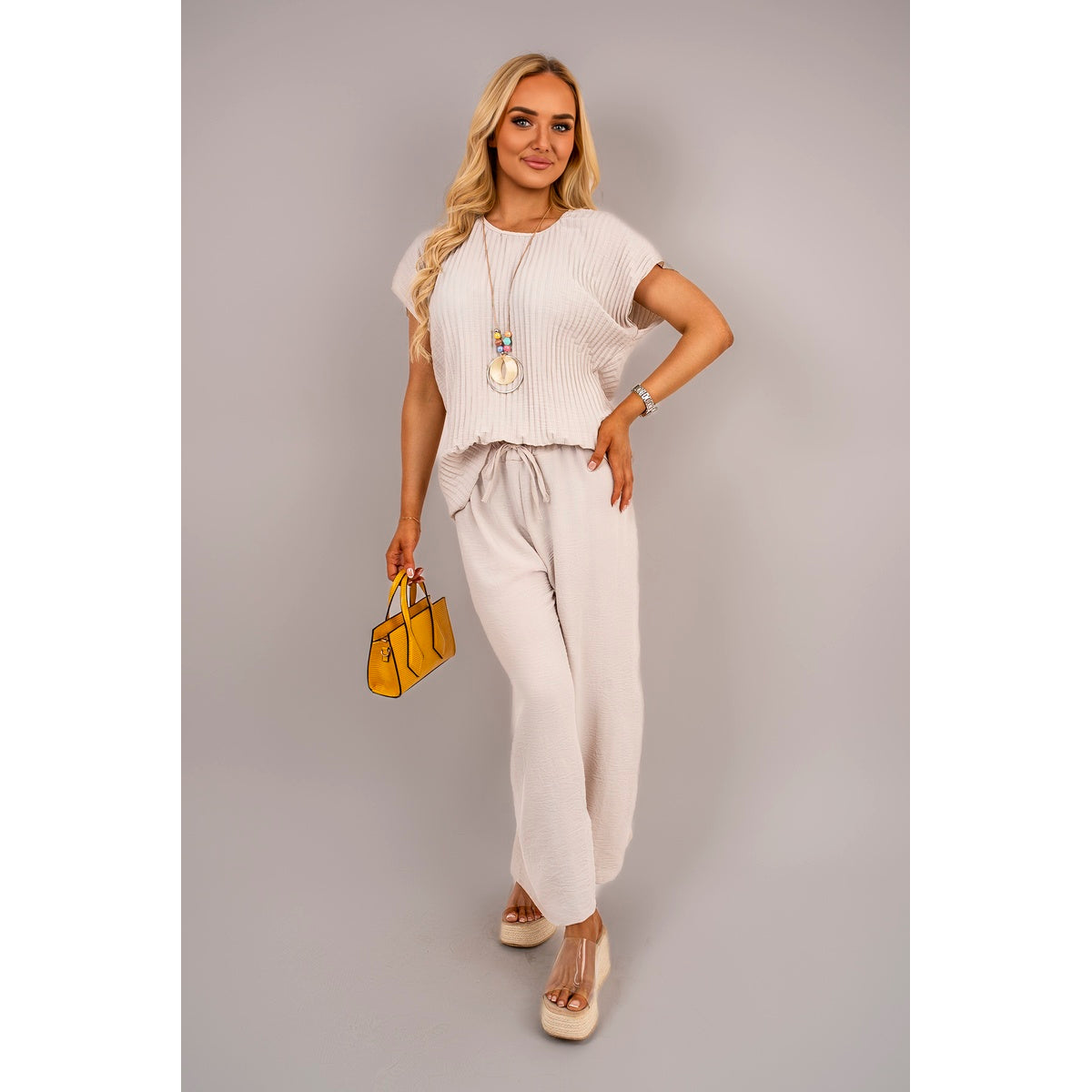 Ribbed Short Sleeve Top and Wide Leg Trouser Co-ord Set