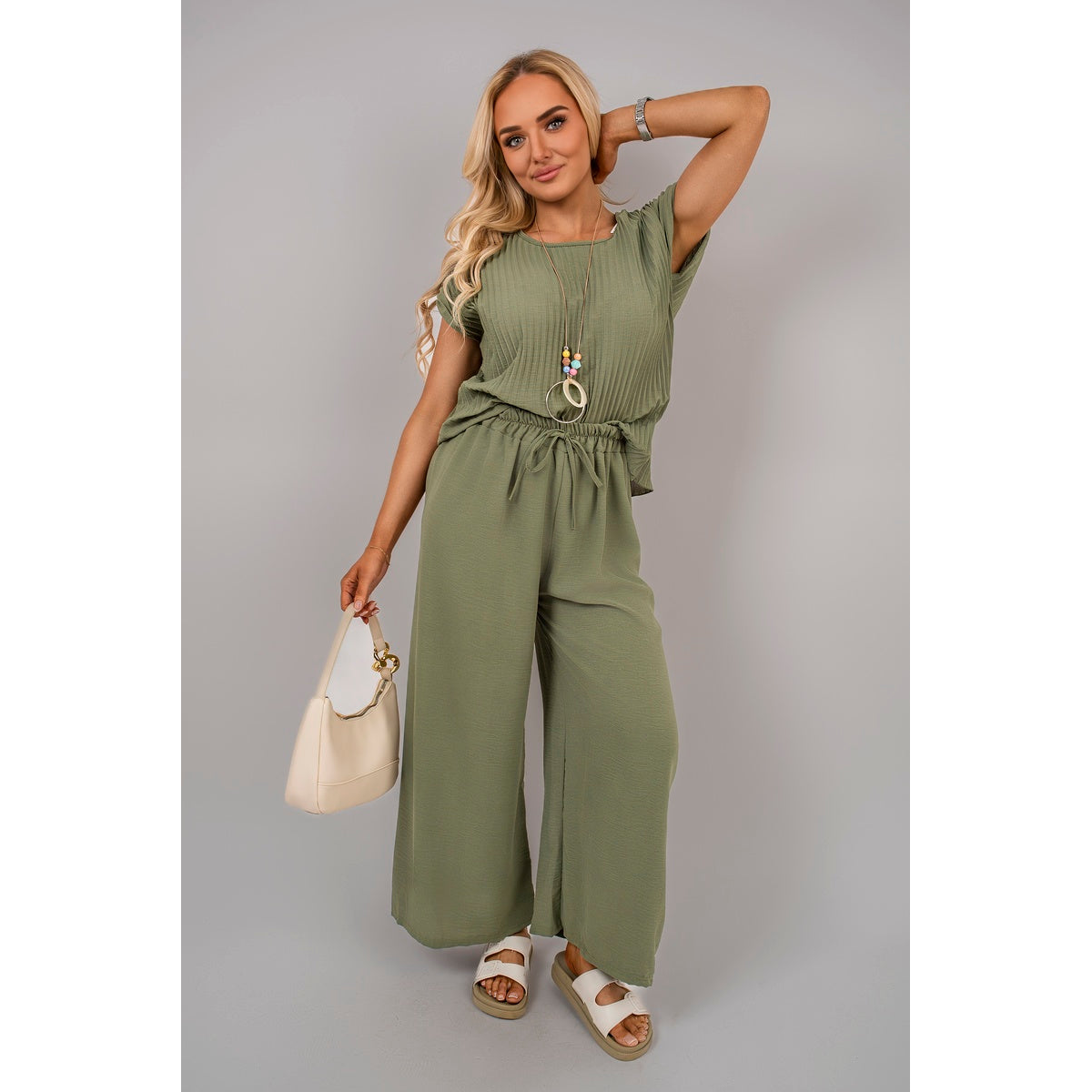 Ribbed Short Sleeve Top and Wide Leg Trouser Co-ord Set