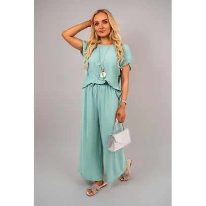 Ribbed Short Sleeve Top and Wide Leg Trouser Co-ord Set