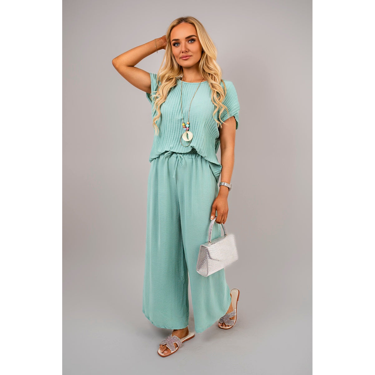 Ribbed Short Sleeve Top and Wide Leg Trouser Co-ord Set