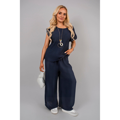Ribbed Short Sleeve Top and Wide Leg Trouser Co-ord Set