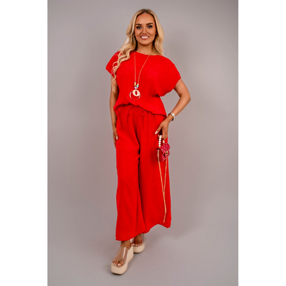 Ribbed Short Sleeve Top and Wide Leg Trouser Co-ord Set