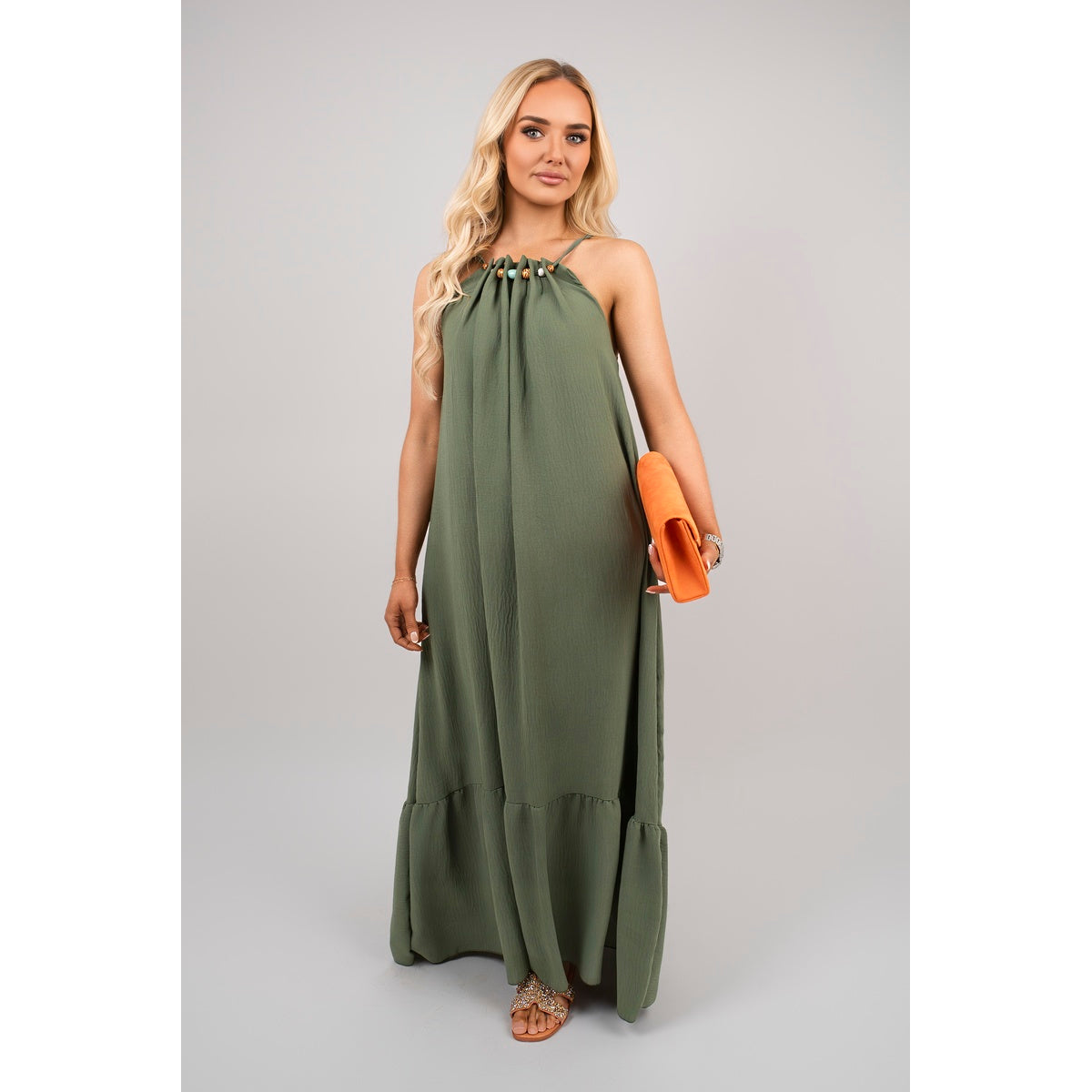 Sleeveless Beaded Halter Neck Maxi Dress with Tiered Hem