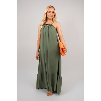 Sleeveless Beaded Halter Neck Maxi Dress with Tiered Hem