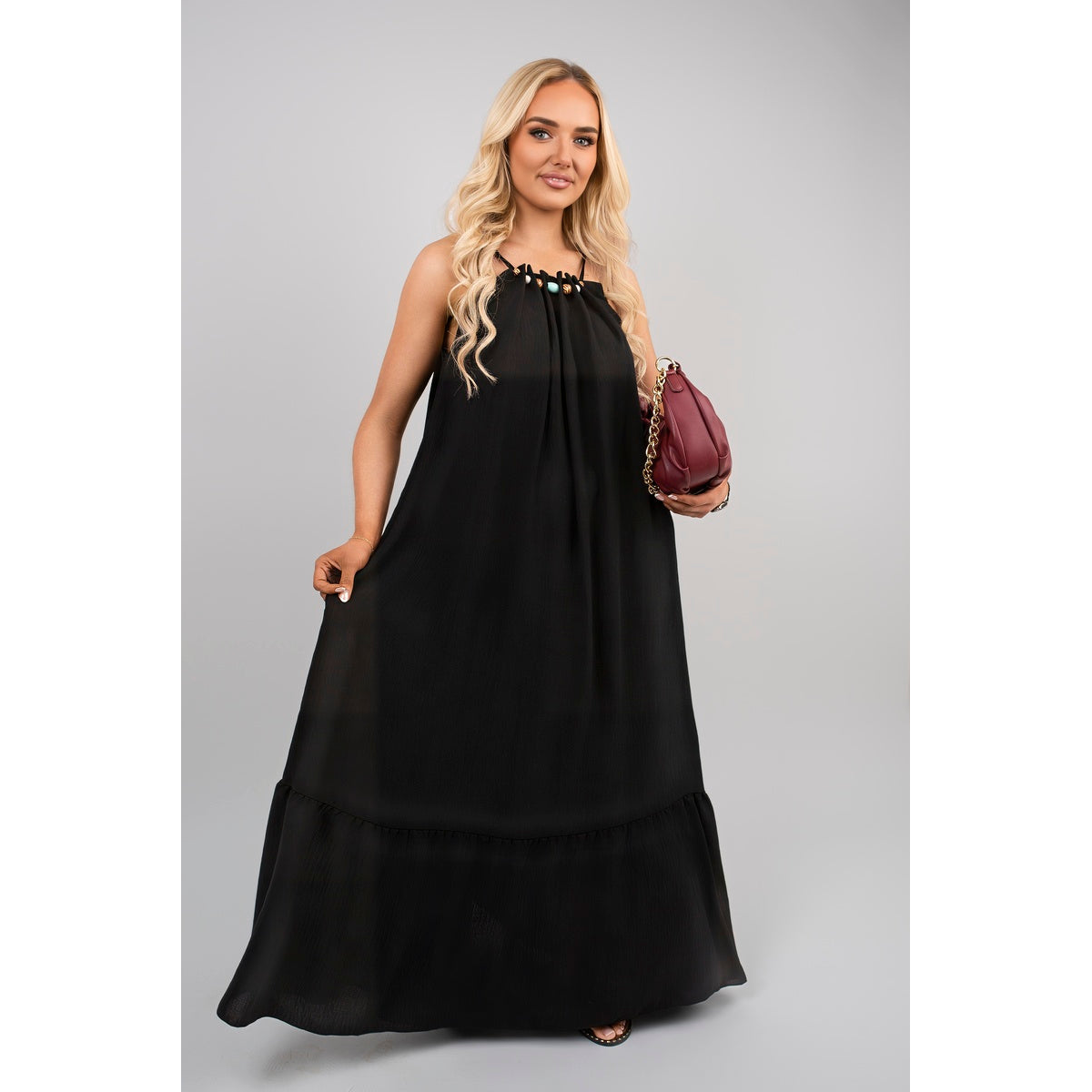 Sleeveless Beaded Halter Neck Maxi Dress with Tiered Hem