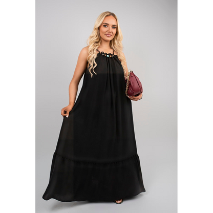 Sleeveless Beaded Halter Neck Maxi Dress with Tiered Hem