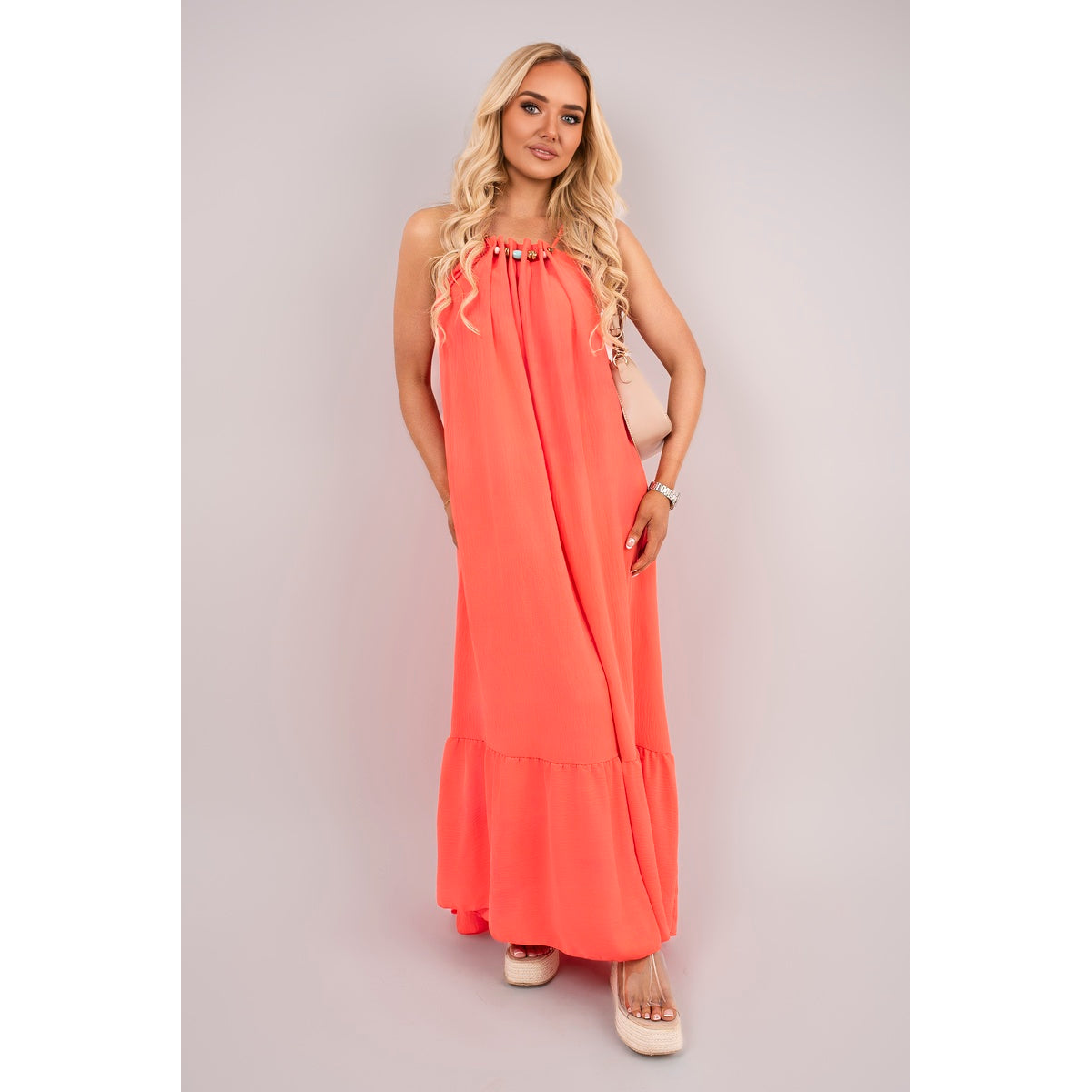Sleeveless Beaded Halter Neck Maxi Dress with Tiered Hem