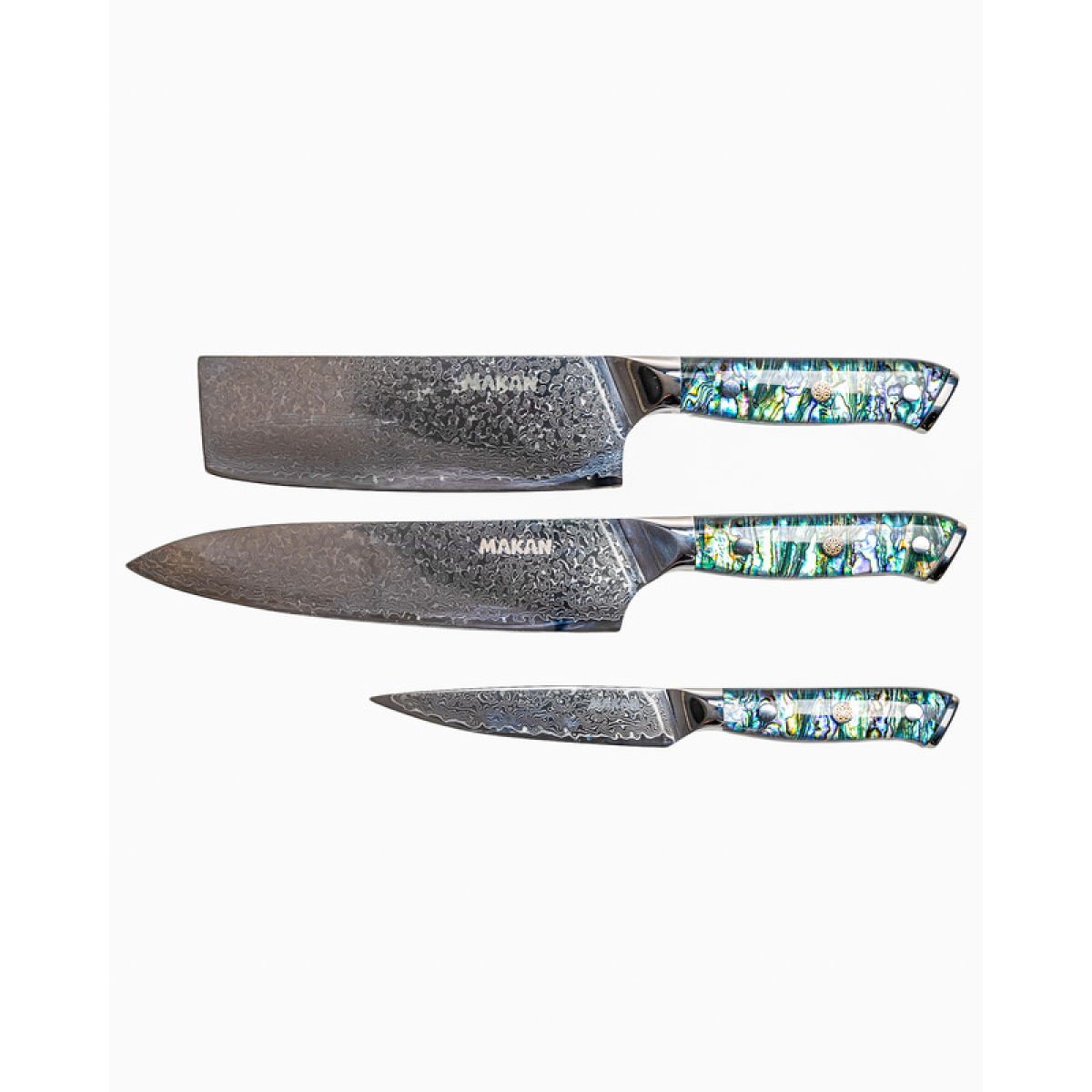 Damascus Steel Chefs Knife, Utility Knife & Vegetable Knife Set