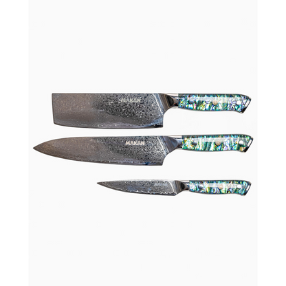 Damascus Steel Chefs Knife, Utility Knife & Vegetable Knife Set