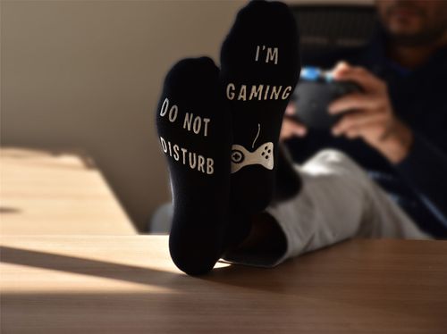 Do Not Disturb, I'm Gaming' Funny Ankle Gamer Socks , Black, White, Grey & Blue
