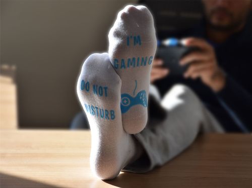 Do Not Disturb, I'm Gaming' Funny Ankle Gamer Socks , Black, White, Grey & Blue