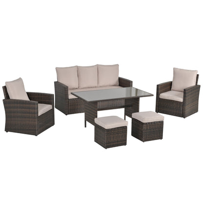 Outsunny 6 Pieces Outdoor PE Rattan Garden Furniture Set with Three-seat, Armchairs and Footstools, Patio Wicker Dining Sets w/Glass Top Dining Table, Soft Cushion, Mixed Brown