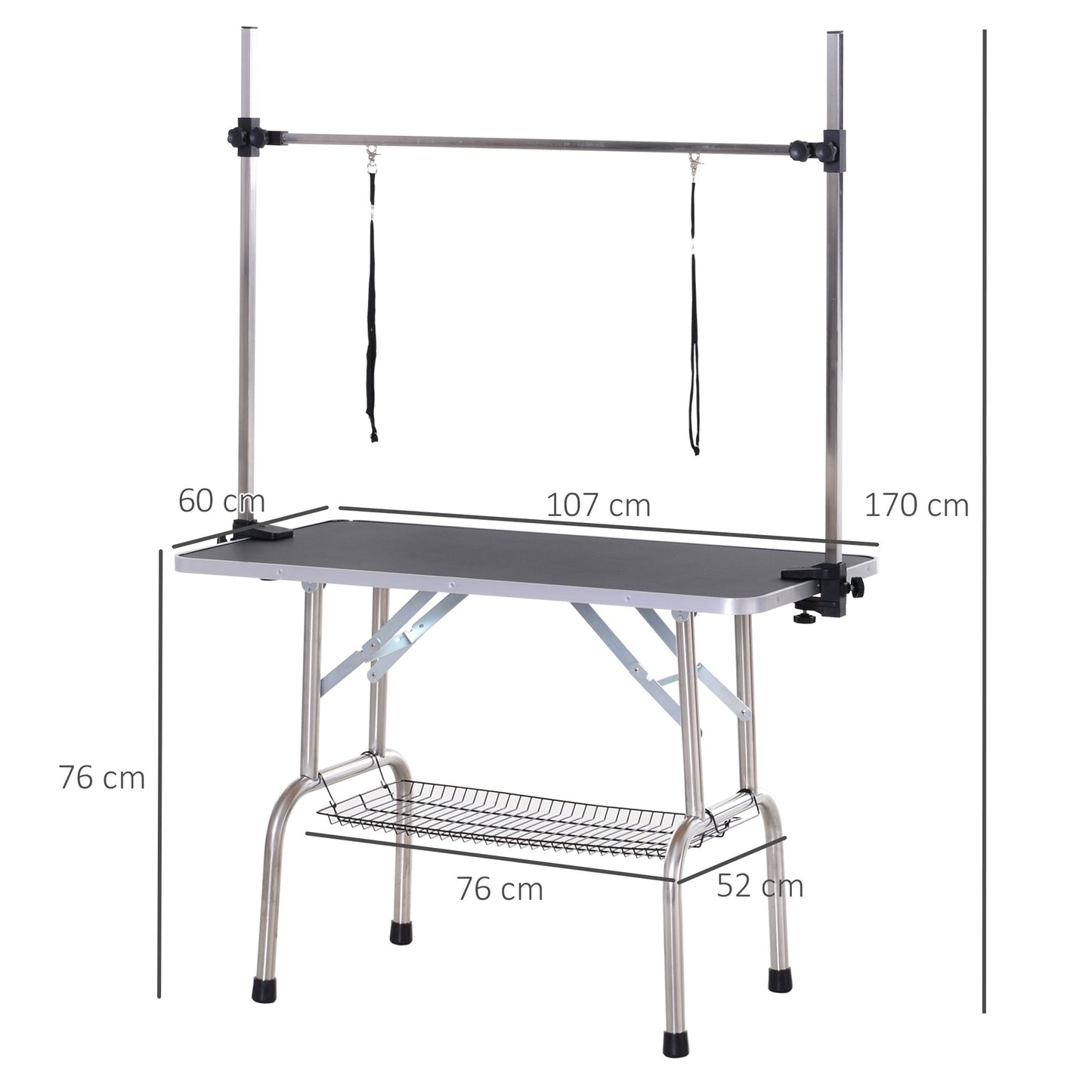Pawhut Adjustable Dog Grooming Table Rubber Top 2 Safety Slings Mesh Storage Basket Heavy Metal Black 107 X 60 X 170cm