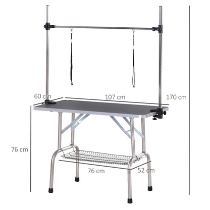 Pawhut Adjustable Dog Grooming Table Rubber Top 2 Safety Slings Mesh Storage Basket Heavy Metal Black 107 X 60 X 170cm