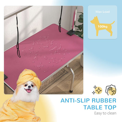 PawHut Metal Adjustable Dog Grooming Table Rubber Top 2 Safety Slings Mesh