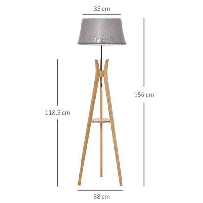 Natural Wood Tripod Floor Lamp Light E27 Base Bedroom Living Room Fabric Shade Storage Shelf Foot Switch
