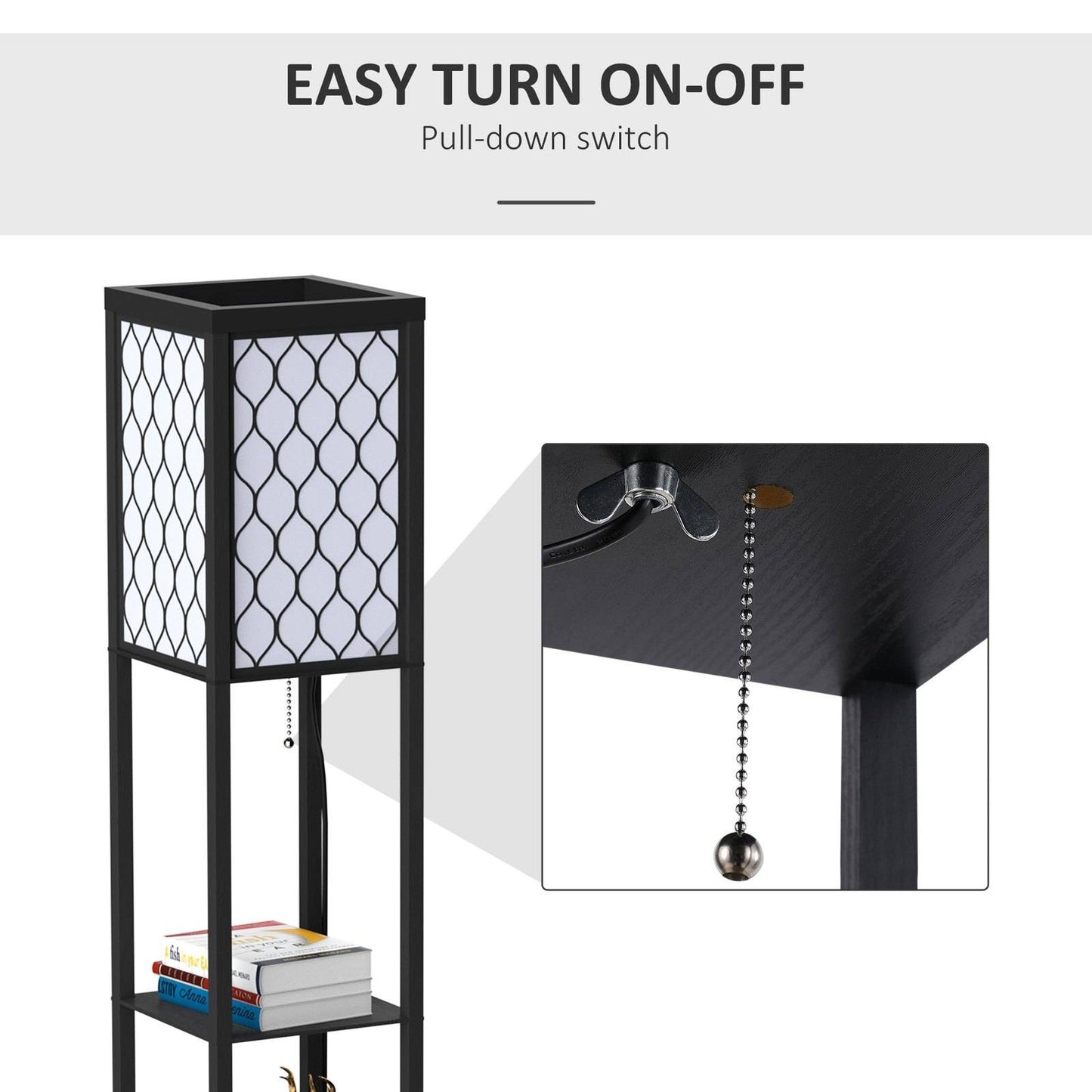 Shelf Floor Lamp Standing Lamp With4-Tier Wooden Open Shelves26L X 26W X 160H cm-Black/White