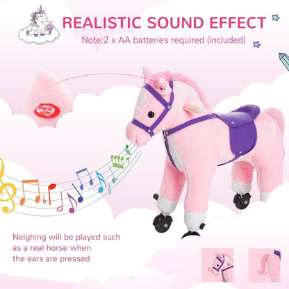 Wooden Action Pony Wheeled Walking Horse Riding Little Baby Plush Toy Wooden Style Ride on Animal Kids Gift w/Sound Pink